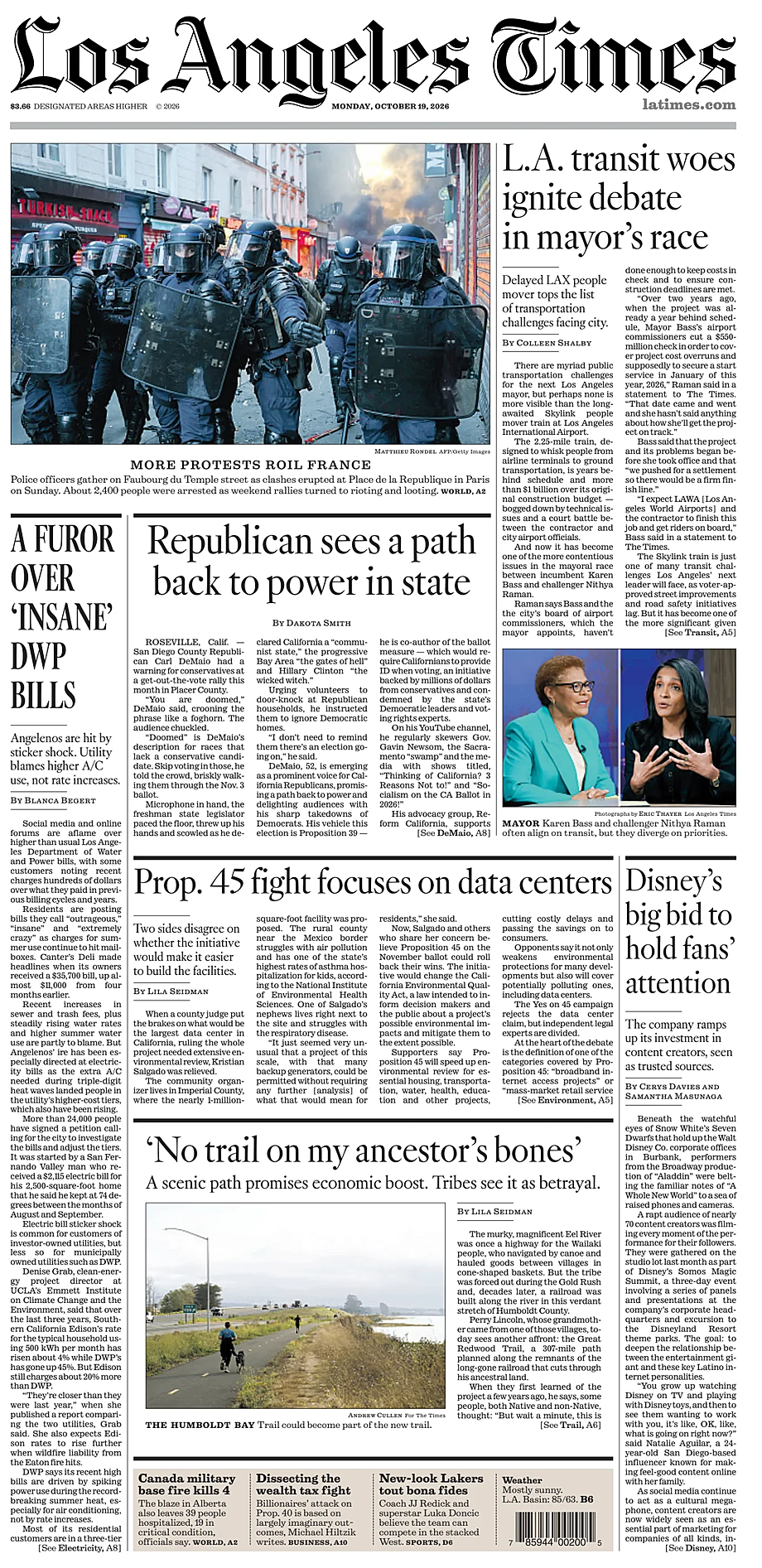 Prima pagina Los Angeles Times di oggi - Edicola 19 Ottobre 2026