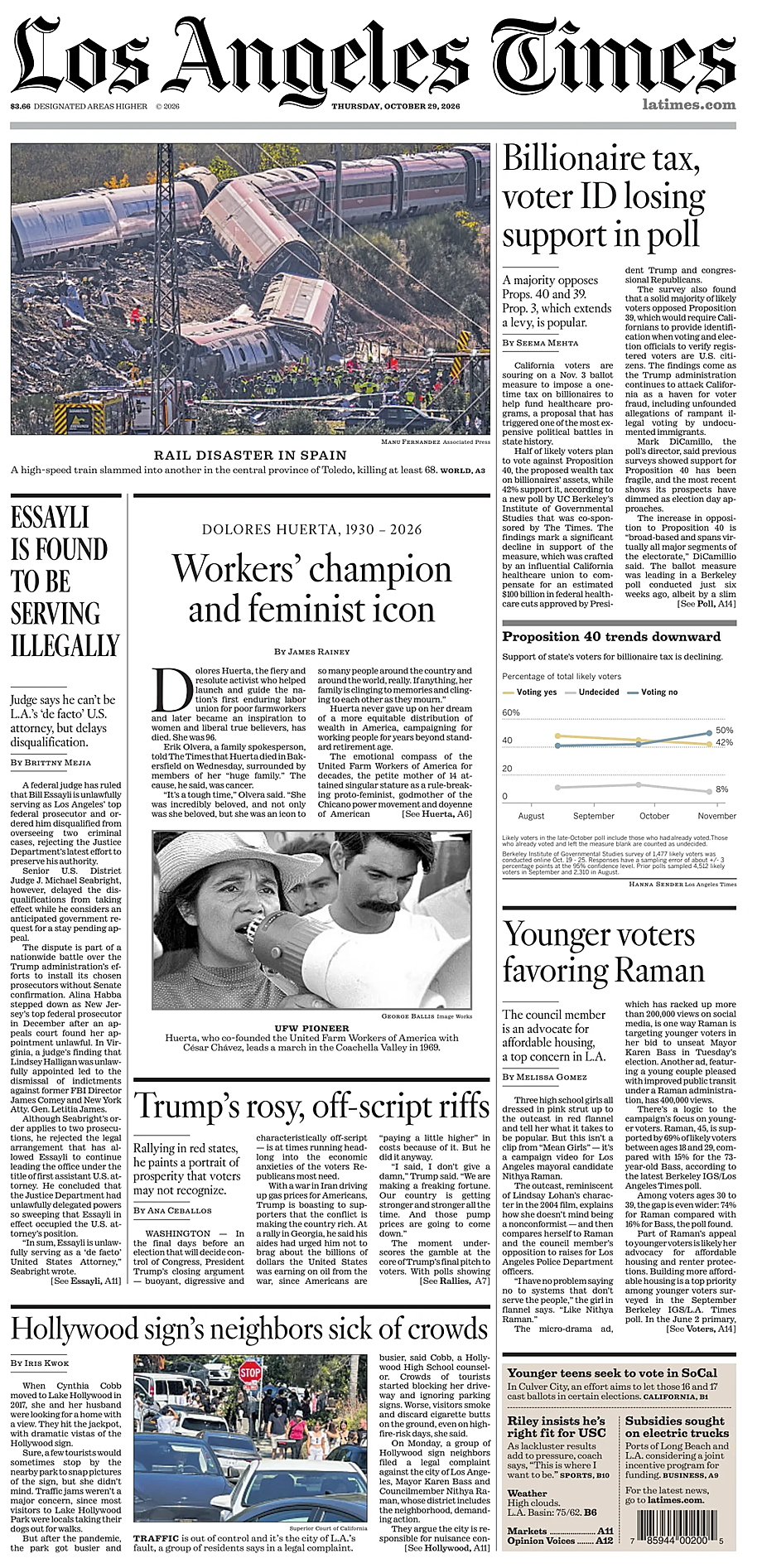 Portada Los Angeles Times de hoy - Quiosco 29 octubre 2026