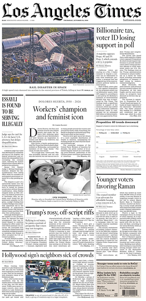 Prima pagina Los Angeles Times di oggi - Quotidiano estero