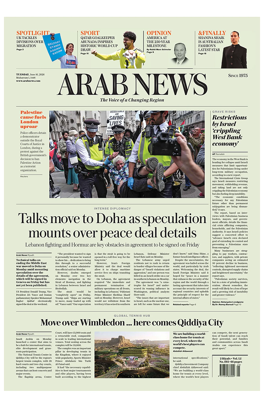 Portada Arab News de hoy - Quiosco 16 junio 2026
