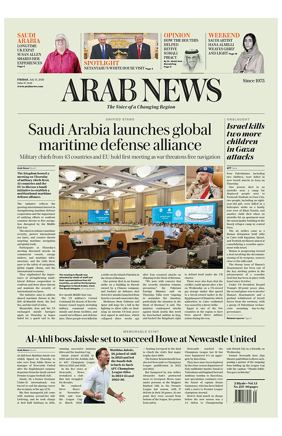 Portada Arab News de hoy - Quiosco 31 julio 2026