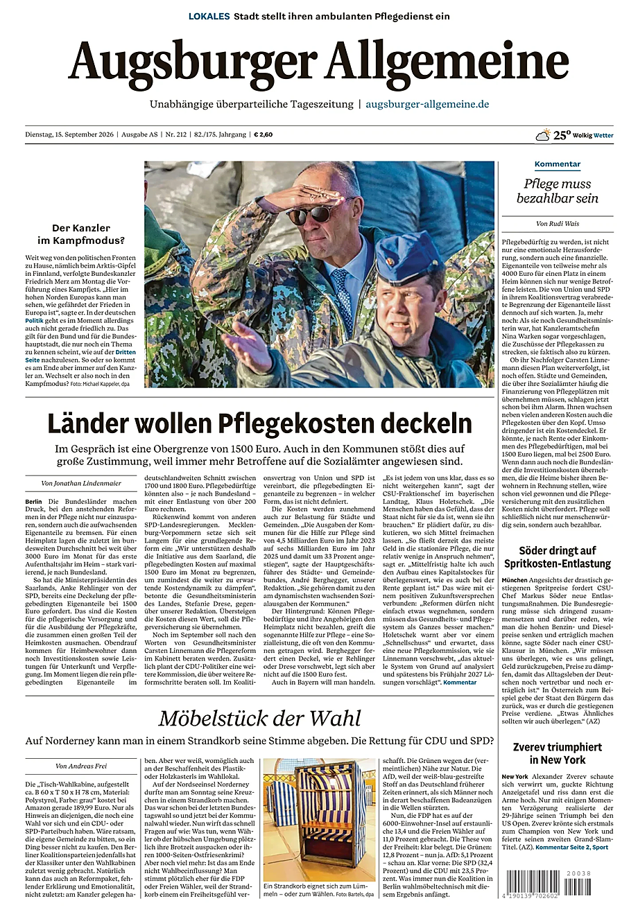 Titelseite von Augsburger Allgemeine heute - Presse 15 September 2026