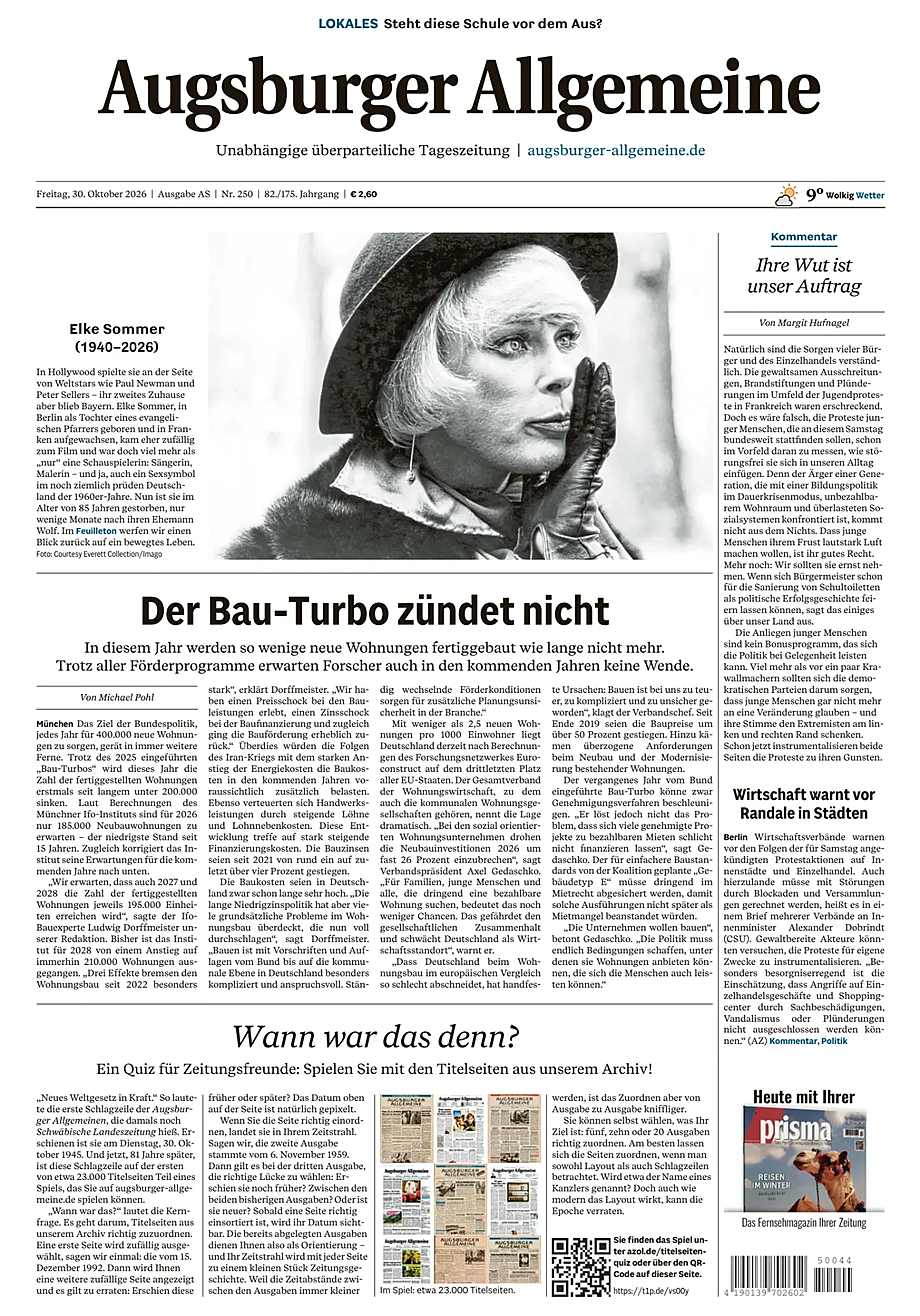 Titelseite von Augsburger Allgemeine heute - Presse 30 Oktober 2026