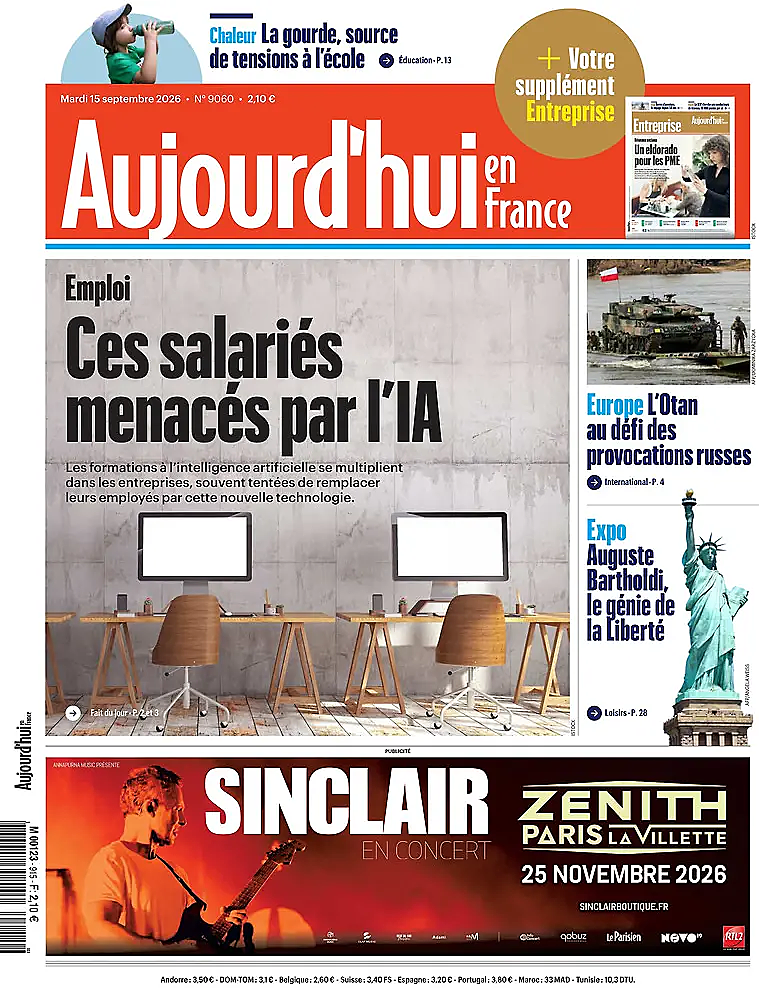 Une de Aujourd'hui en France du jour - Presse 15 septembre 2026