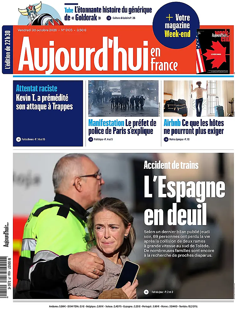 Une de Aujourd'hui en France du jour - Presse 30 octobre 2026