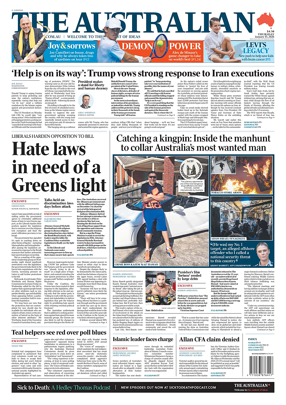 Prima pagina The Australian di oggi - Edicola 15 Gennaio 2026
