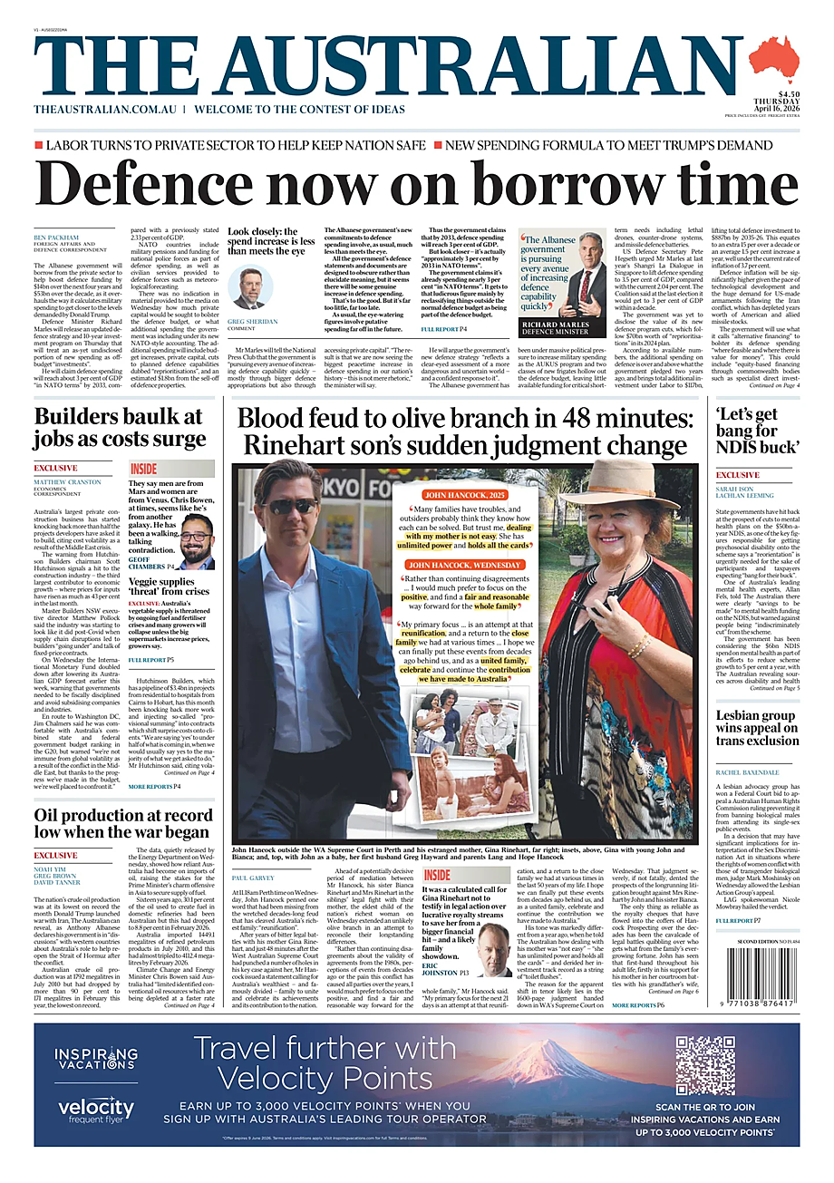 Prima pagina The Australian di oggi - Edicola 16 Aprile 2026