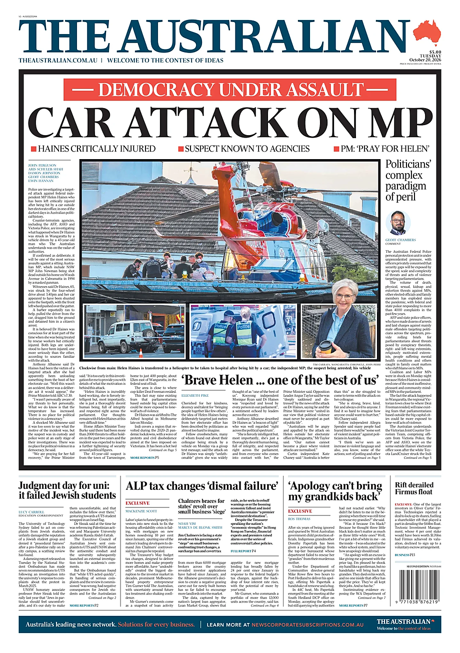 Prima pagina The Australian di oggi - Edicola 20 Ottobre 2026