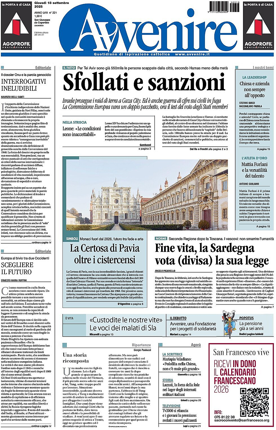 Prima pagina Avvenire di oggi - Edicola 18 Settembre 2025