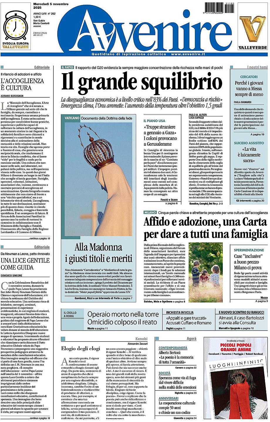 Prima pagina Avvenire di oggi - Edicola 5 Novembre 2025