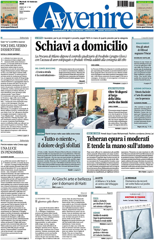 Prima pagina Avvenire di oggi - Quotidiano nazionale