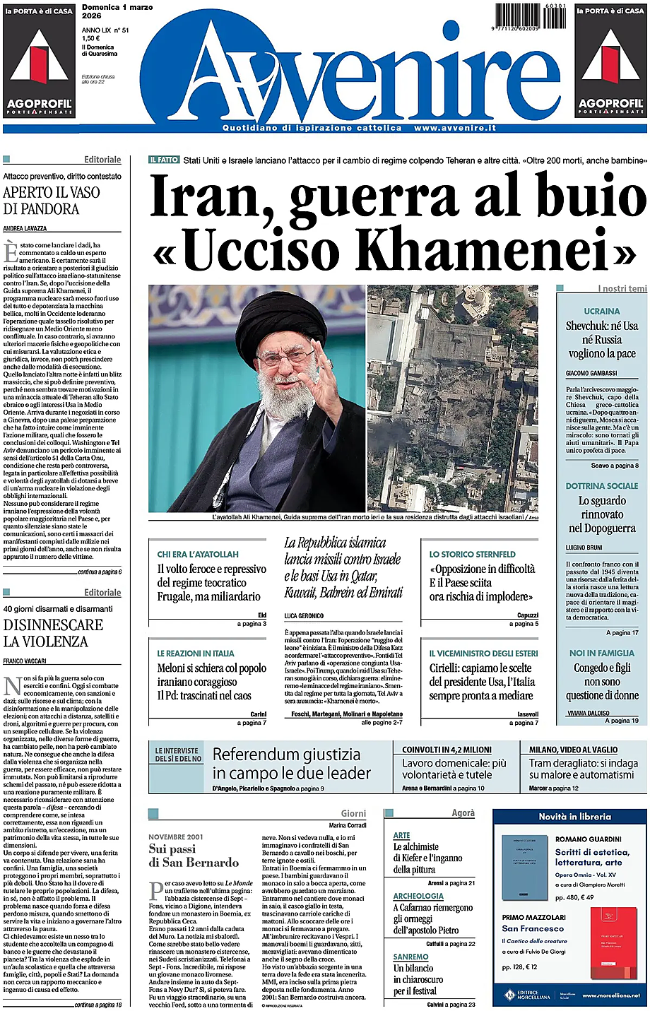 Prima pagina Avvenire di oggi - Edicola 1 Marzo 2026