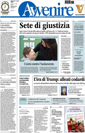 Prima pagina Avvenire di oggi - Quotidiano nazionale
