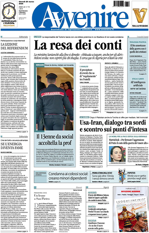 Prima pagina Avvenire di oggi - Quotidiano nazionale