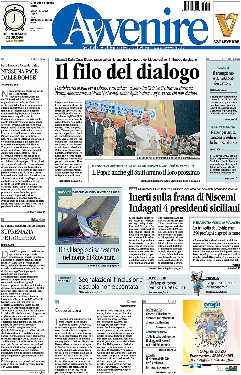Prima pagina Avvenire di oggi - Edicola 16 Aprile 2026