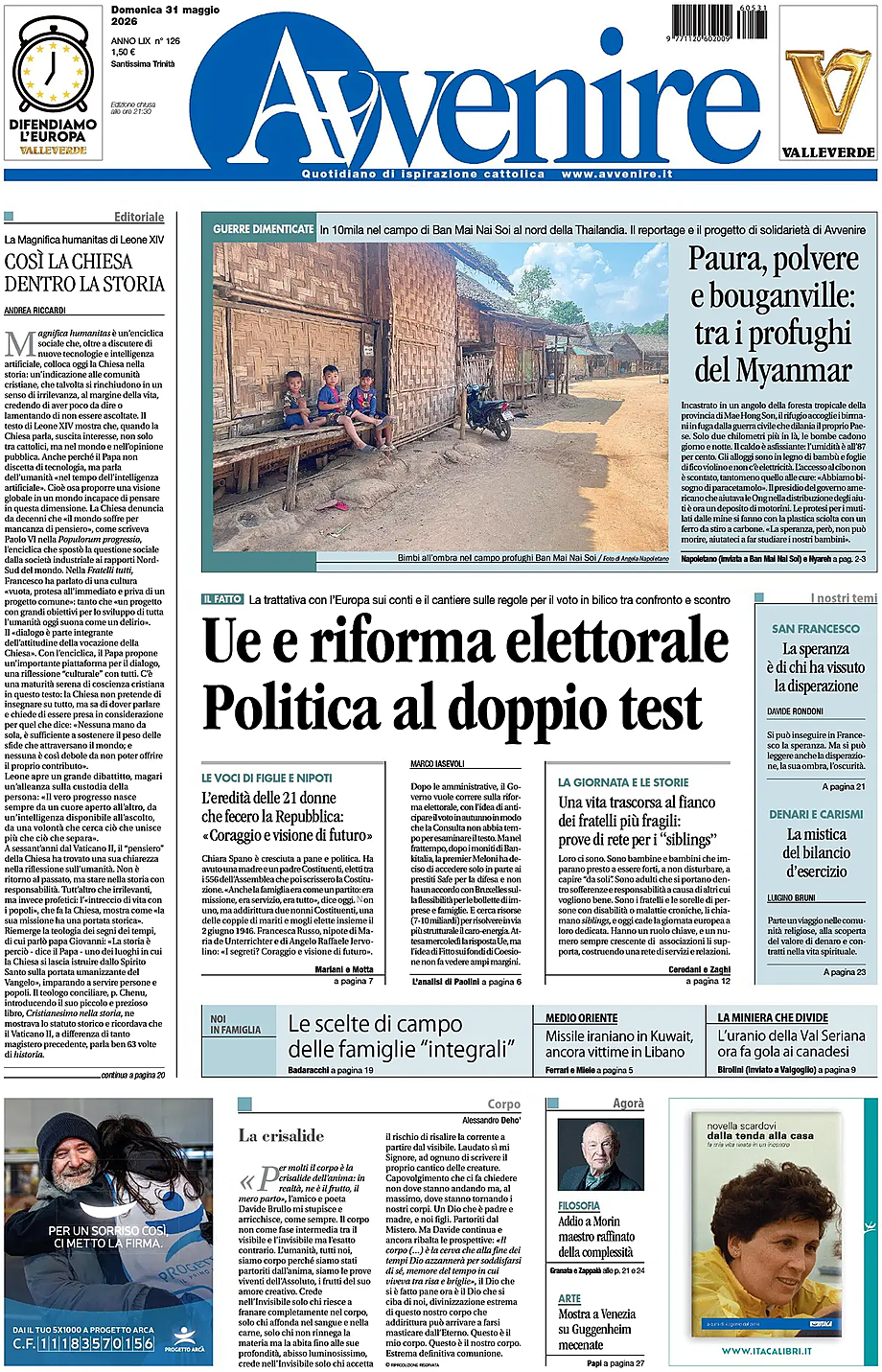 Prima pagina Avvenire di oggi - Edicola 31 Maggio 2026