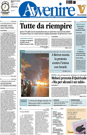 Prima pagina Avvenire di oggi - Quotidiano nazionale