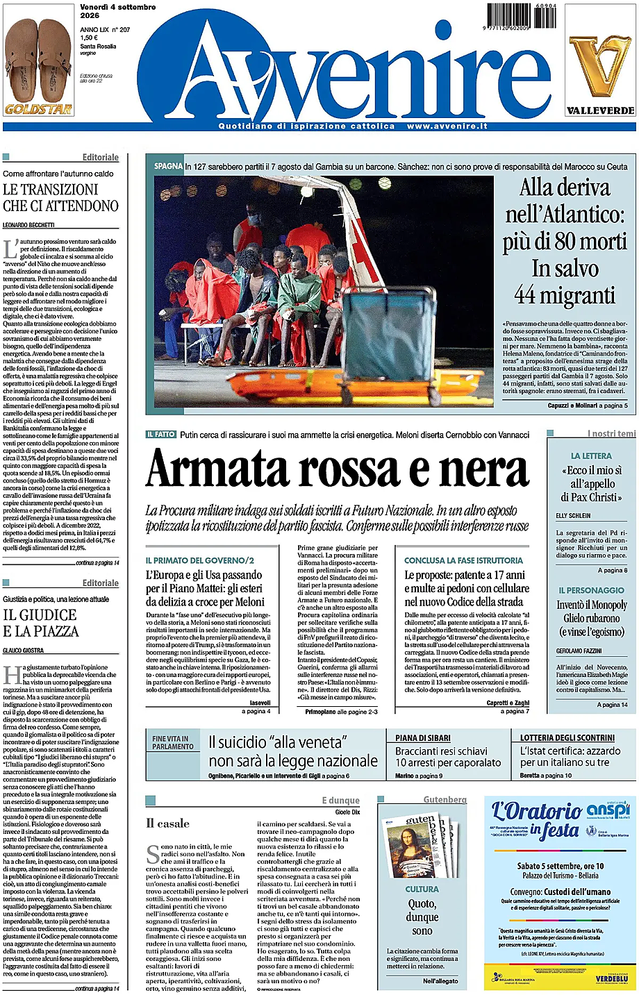 Prima pagina Avvenire di oggi - Edicola 4 Settembre 2026