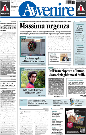 Prima pagina Avvenire di oggi - Quotidiano nazionale