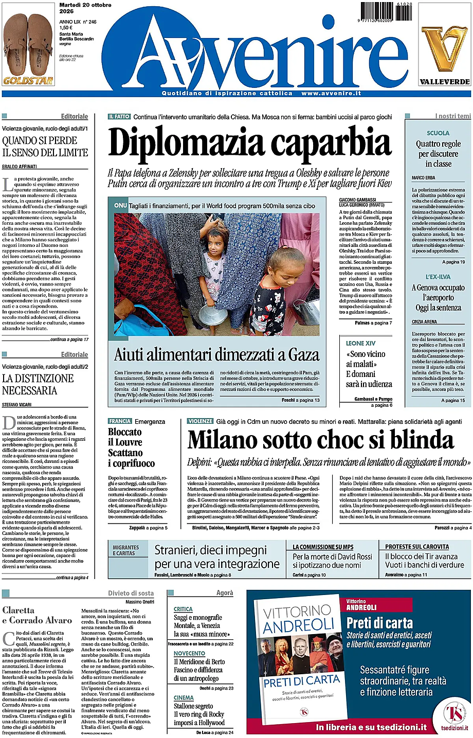 Prima pagina Avvenire di oggi - Edicola 20 Ottobre 2026