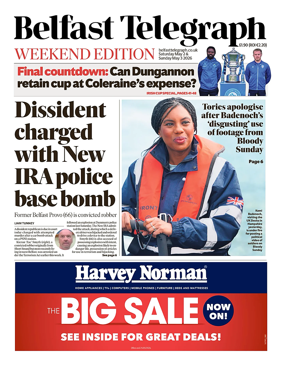 Front page of Belfast Telegraph today - UK press 2 May 2026