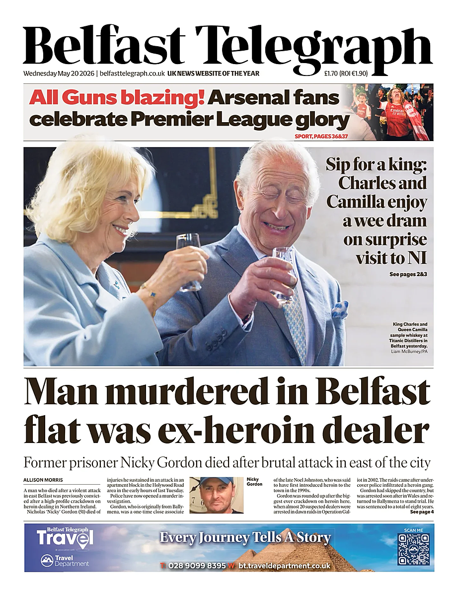 Front page of Belfast Telegraph today - UK press 20 May 2026