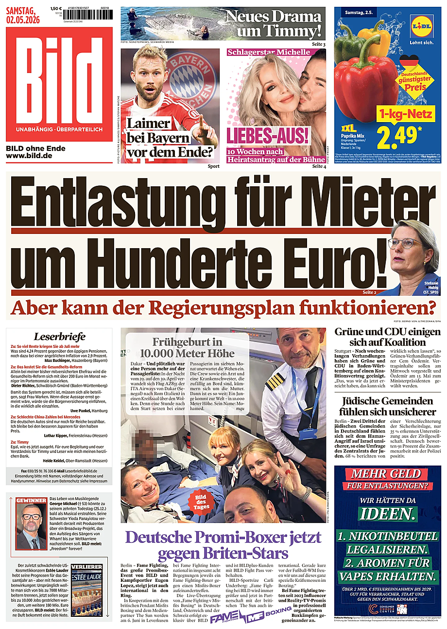 Titelseite von Bild heute - Presse 2 Mai 2026