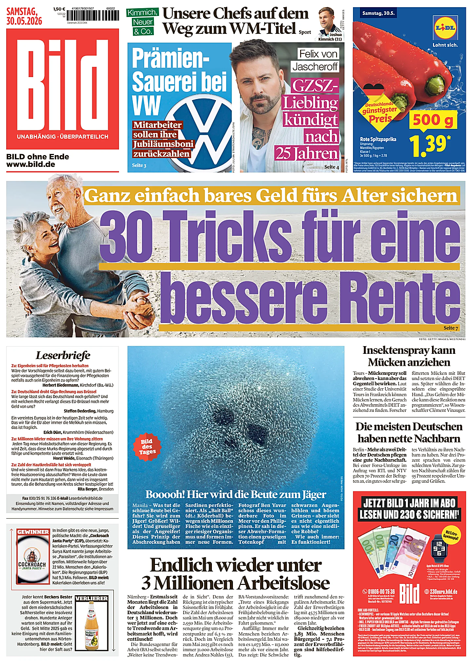 Prima pagina Bild di oggi - Edicola 30 Maggio 2026