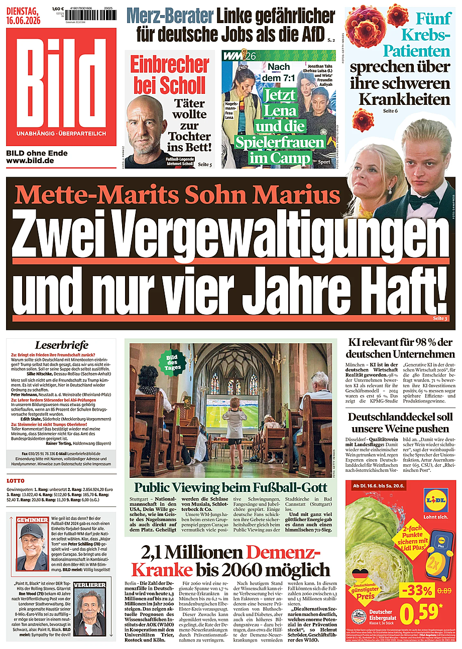 Titelseite von Bild heute - Presse 16 Juni 2026