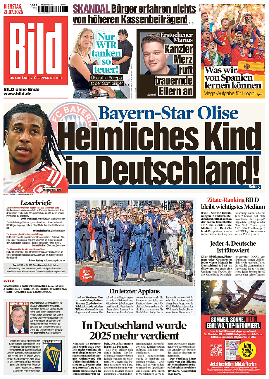Prima pagina Bild di oggi - Edicola 21 Luglio 2026