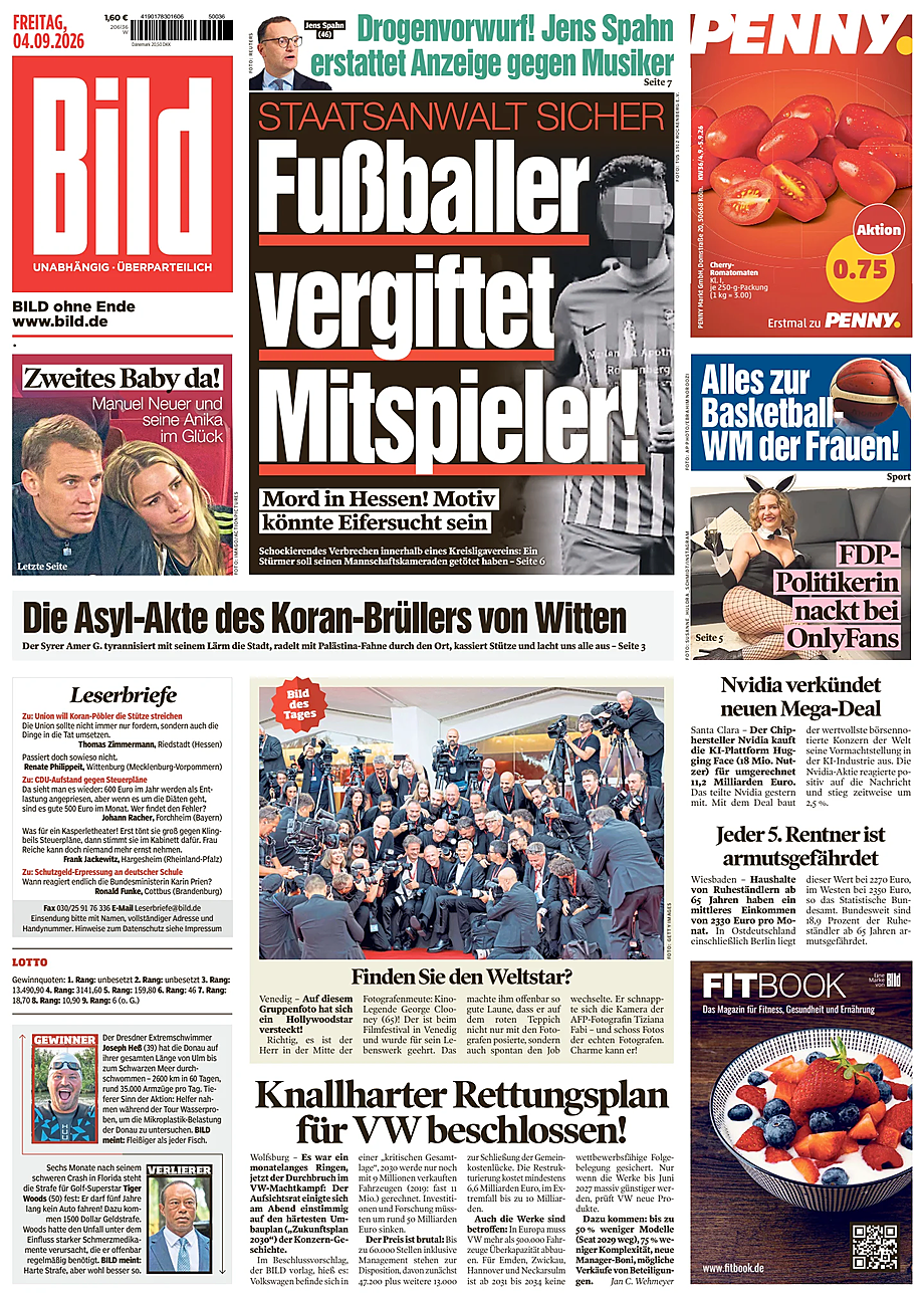 Prima pagina Bild di oggi - Edicola 4 Settembre 2026