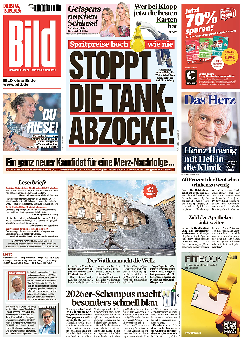 Titelseite von Bild heute - Presse 15 September 2026
