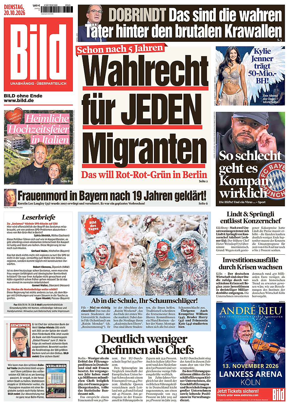 Prima pagina Bild di oggi - Edicola 20 Ottobre 2026
