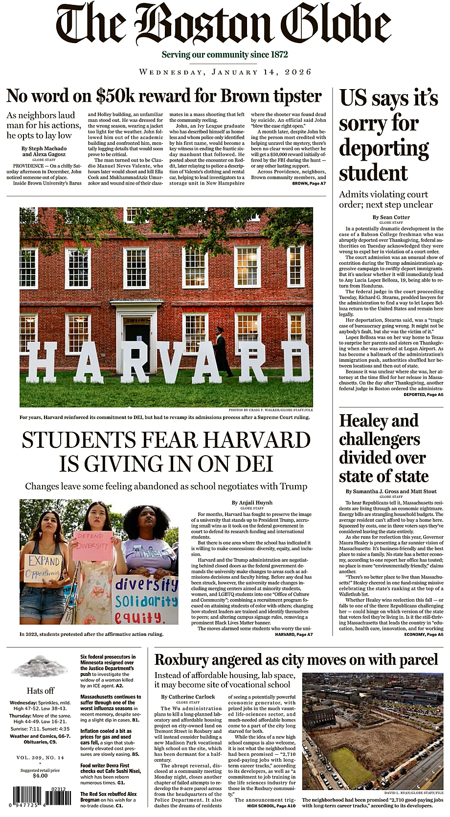 Prima pagina The Boston Globe di oggi - Edicola 14 Gennaio 2026
