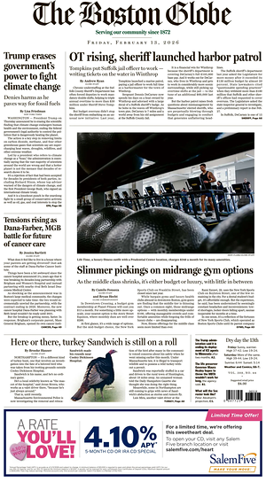 Prima pagina The Boston Globe di oggi - Quotidiano estero
