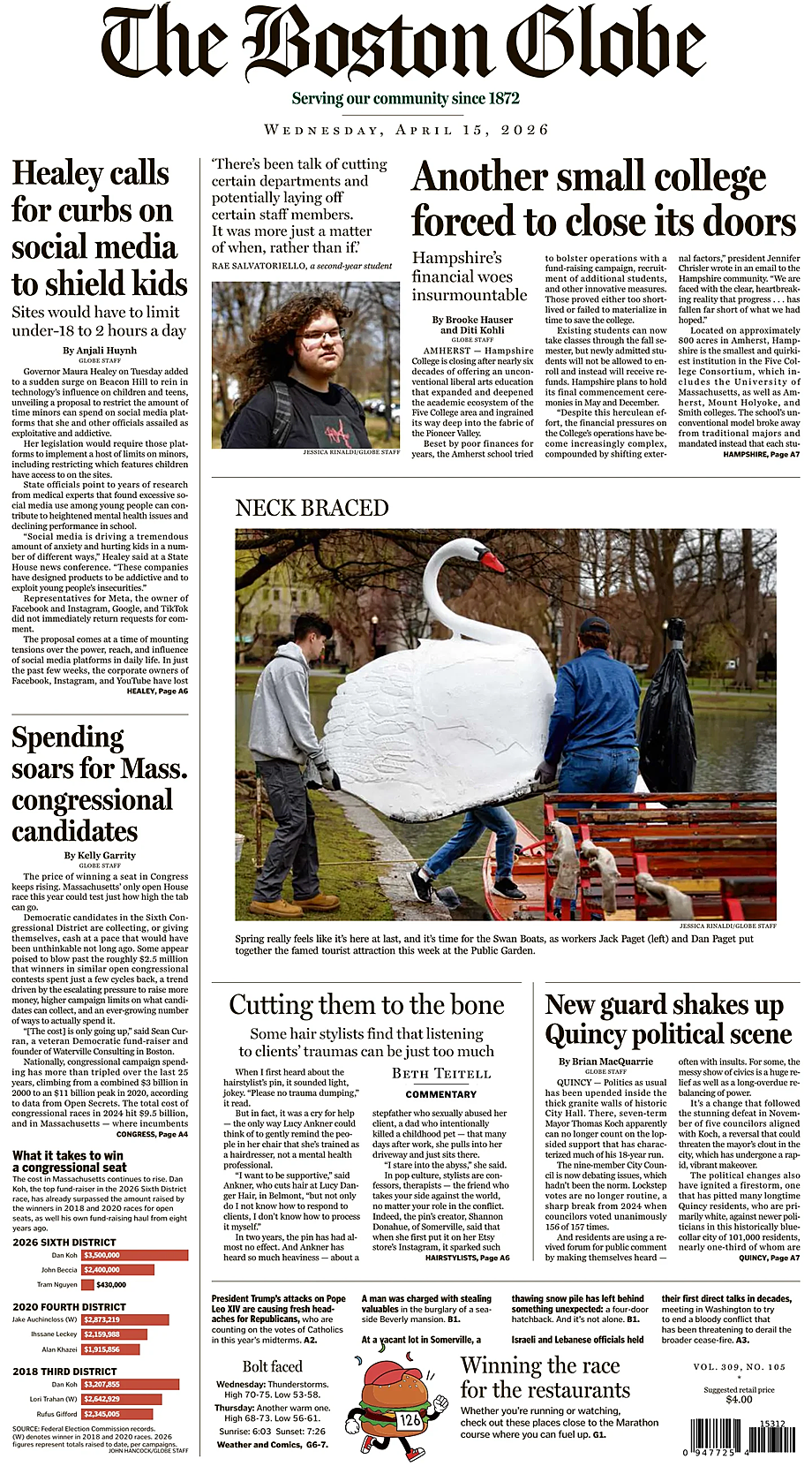 Prima pagina The Boston Globe di oggi - Edicola 15 Aprile 2026