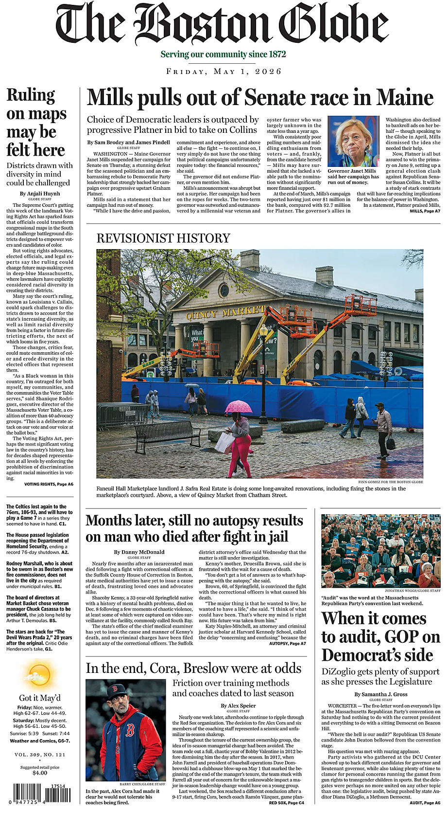Portada The Boston Globe de hoy - Quiosco 1 mayo 2026