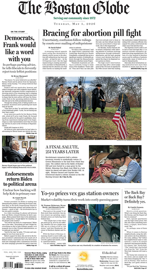 Prima pagina The Boston Globe di oggi - Quotidiano estero