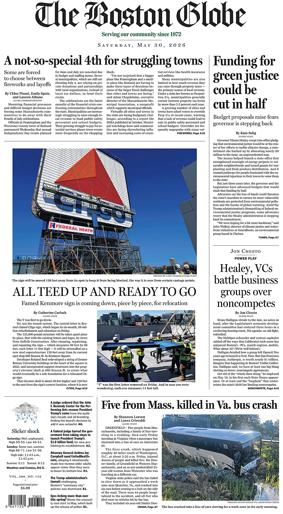 Prima pagina The Boston Globe di oggi - Edicola 30 Maggio 2026