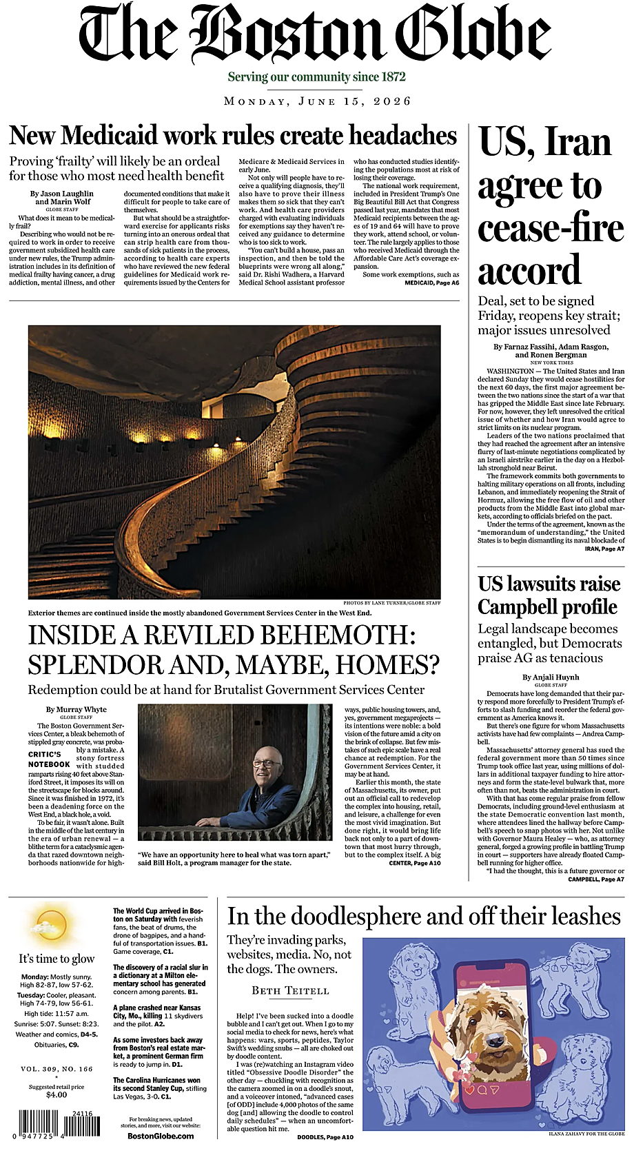 Portada The Boston Globe de hoy - Quiosco 15 junio 2026