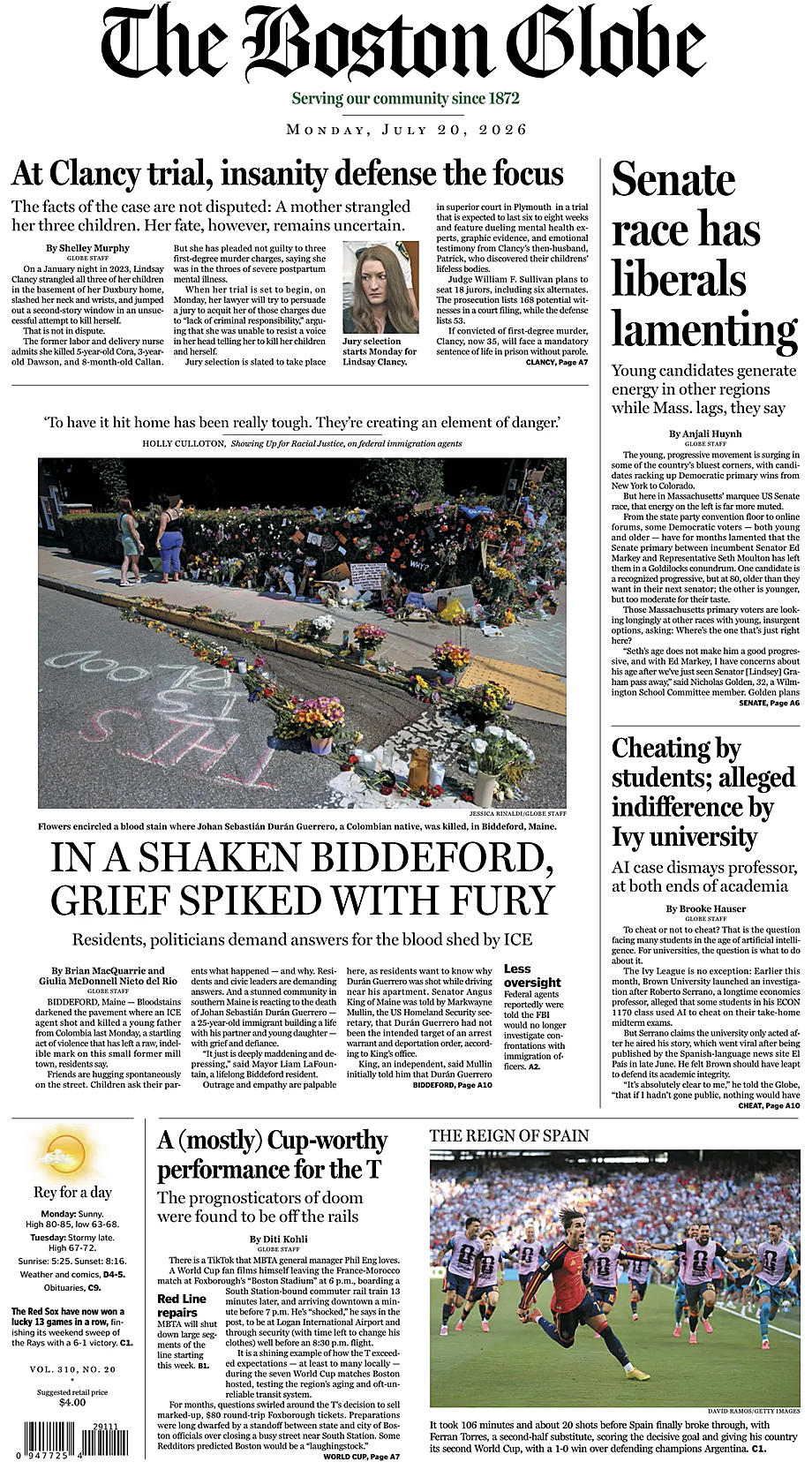 Prima pagina The Boston Globe di oggi - Edicola 20 Luglio 2026