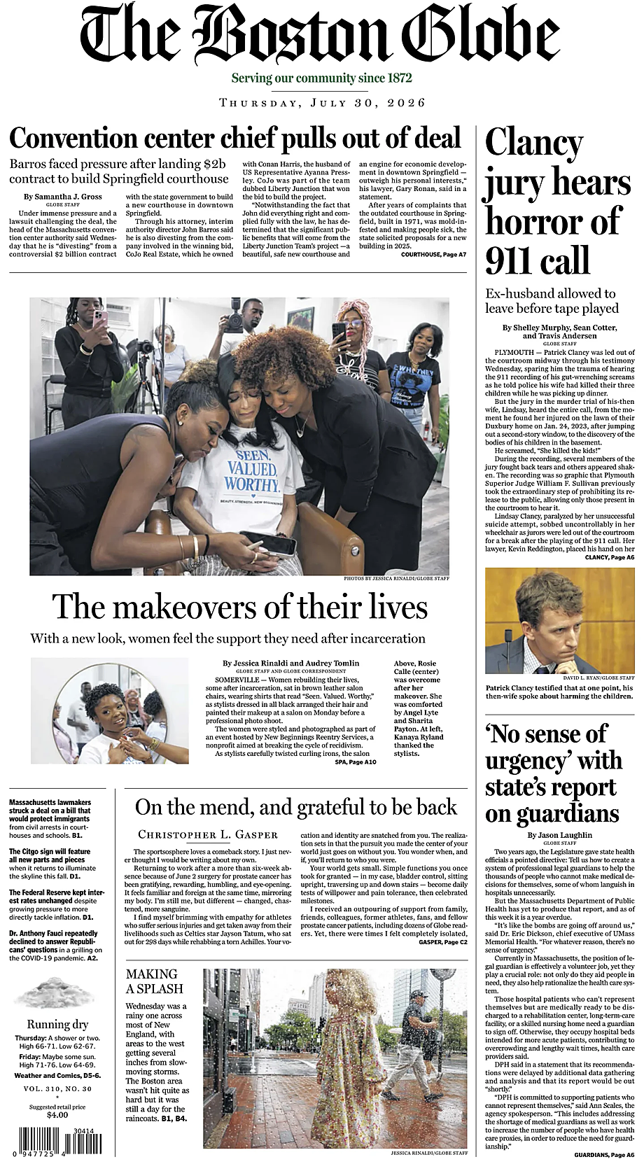 Portada The Boston Globe de hoy - Quiosco 30 julio 2026