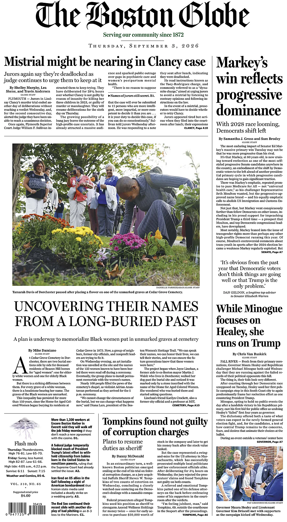 Prima pagina The Boston Globe di oggi - Edicola 3 Settembre 2026
