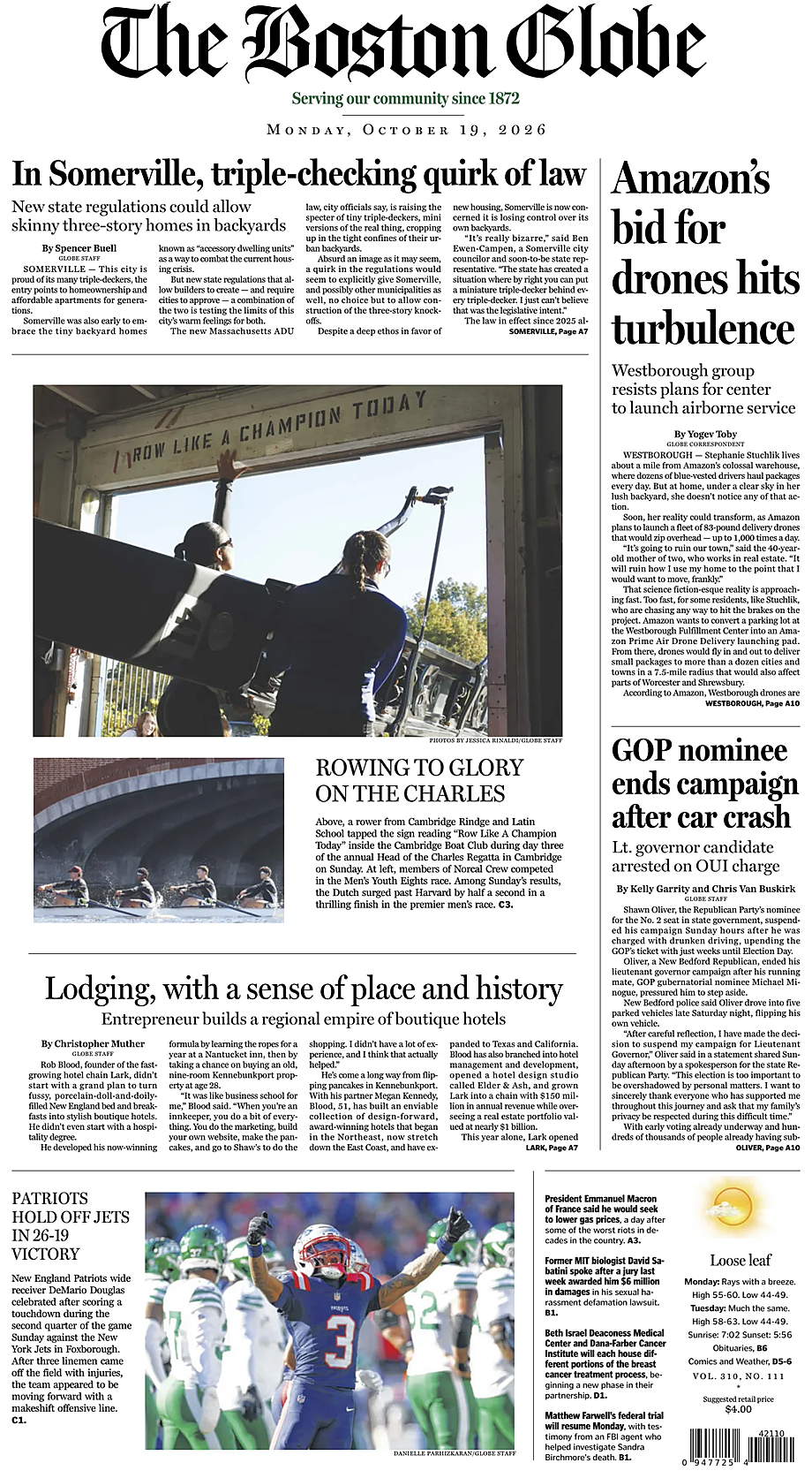 Prima pagina The Boston Globe di oggi - Edicola 19 Ottobre 2026