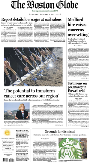 Prima pagina The Boston Globe di oggi - Quotidiano estero