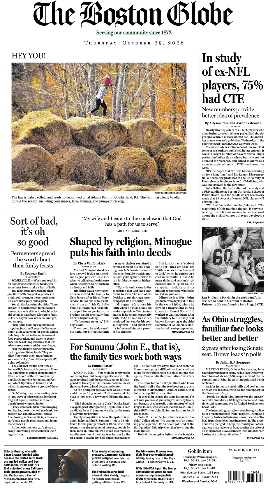Portada The Boston Globe de hoy - Quiosco 29 octubre 2026