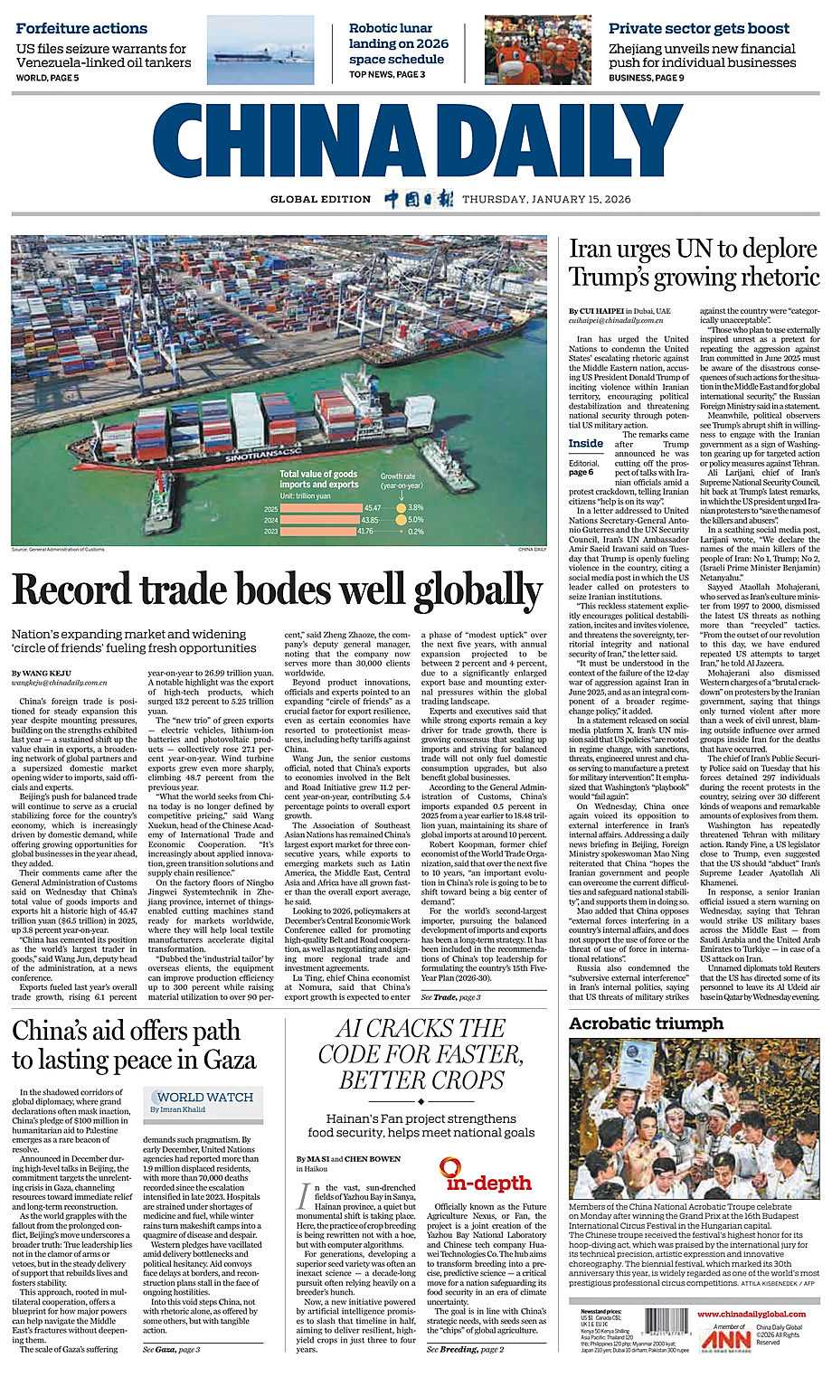 Prima pagina China Daily Global Edition (USA) di oggi - Edicola 15 Gennaio 2026