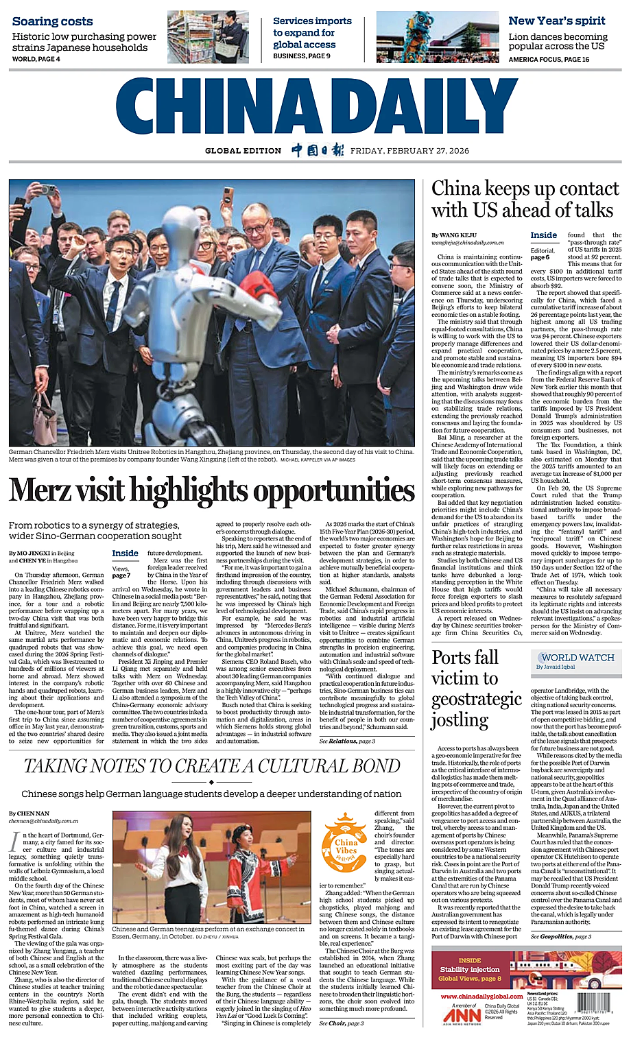 Prima pagina China Daily Global Edition (USA) di oggi - Edicola 27 Febbraio 2026