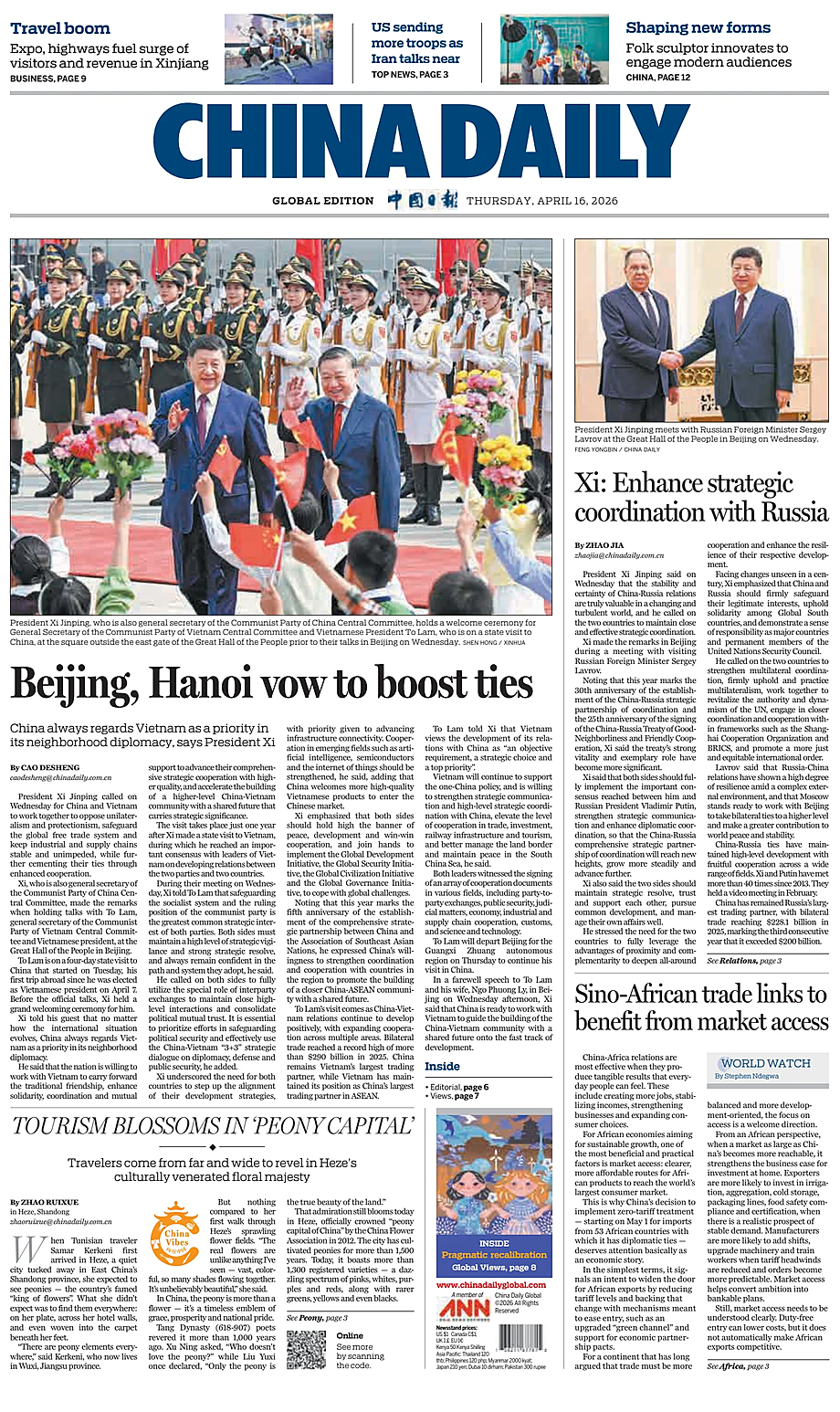 Prima pagina China Daily Global Edition (USA) di oggi - Edicola 16 Aprile 2026