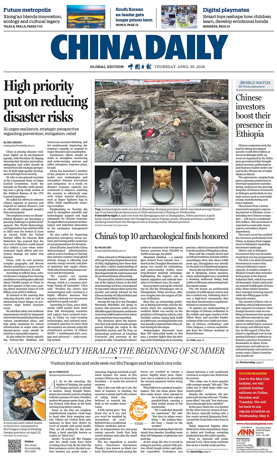 Portada China Daily Global Edition (USA) de hoy - Quiosco 30 abril 2026